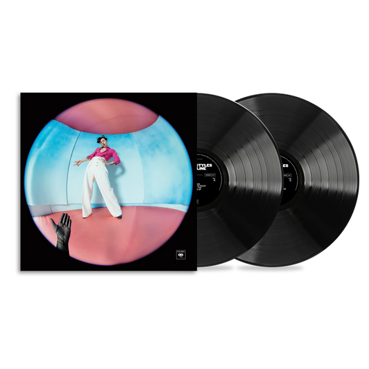 Pink and blue Fine Line album cover by Harry Styles with two black vinyl LPs sliding from the sleeve