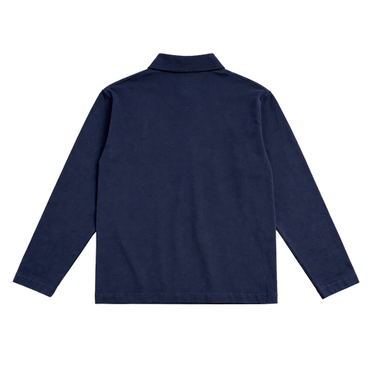 Back view of the plain navy Harry Styles KATTDO embroidered rugby shirt with collar and long sleeves