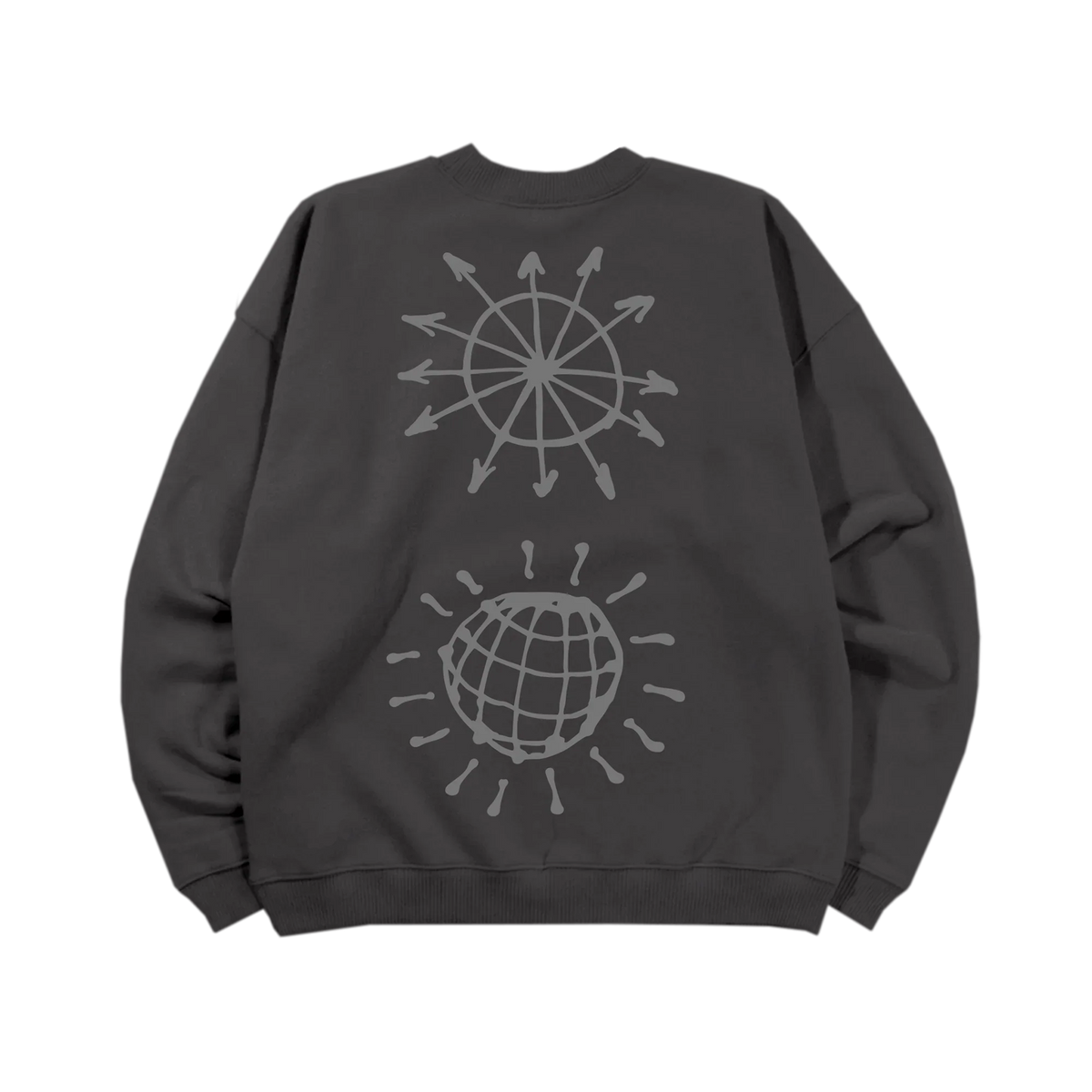 Back of charcoal Harry Styles Kiss Disco crewneck with reflective sunburst and globe graphics