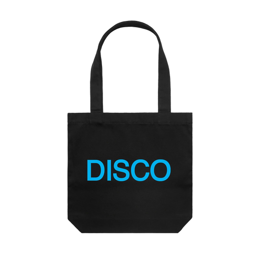 Back of black Harry Styles Kiss Disco canvas tote bag with blue DISCO print across the centre