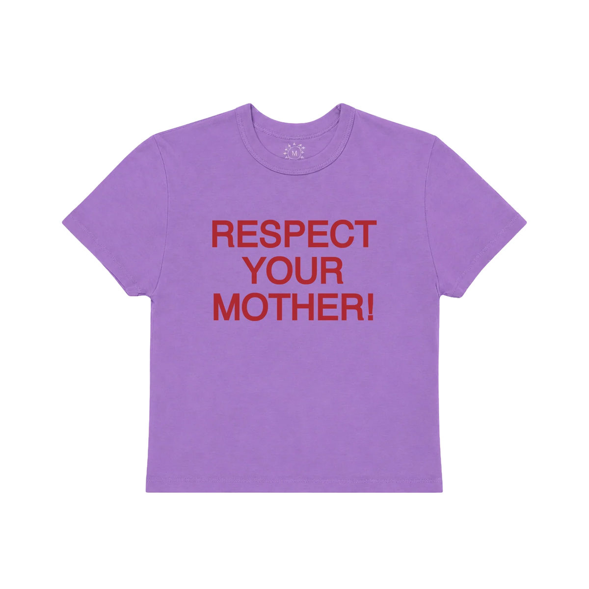 Purple Respect Your Mother baby tee by Harry Styles with red text printed across the chest