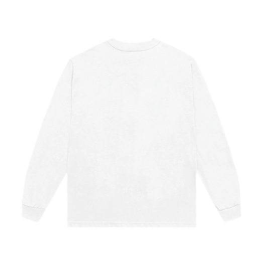 Back view of the plain white Harry Styles Respect Your Mother long sleeve T-shirt with crew neck