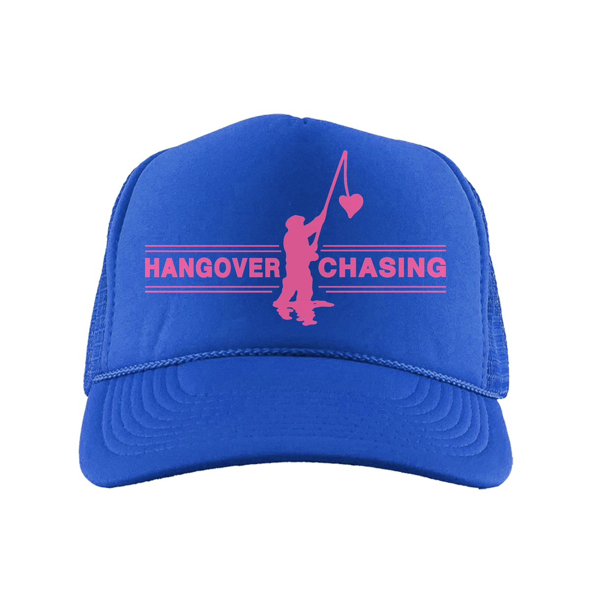 Royal blue Hangover Chasing trucker cap by Harry Styles with pink text and figure graphic