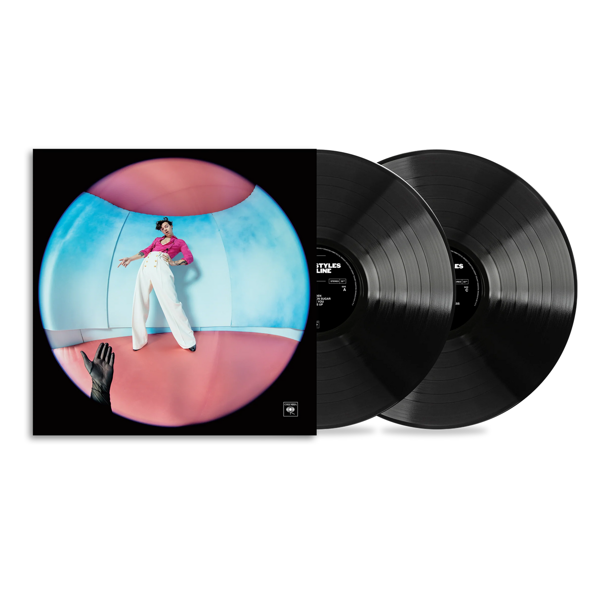 Pink and blue Fine Line album cover by Harry Styles with two black vinyl LPs sliding from the sleeve