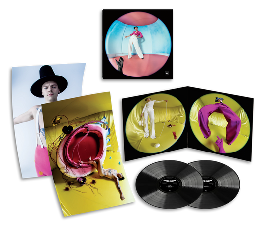 Fine Line deluxe vinyl box set by Harry Styles with pink cover art, yellow gatefolds and two black LPs