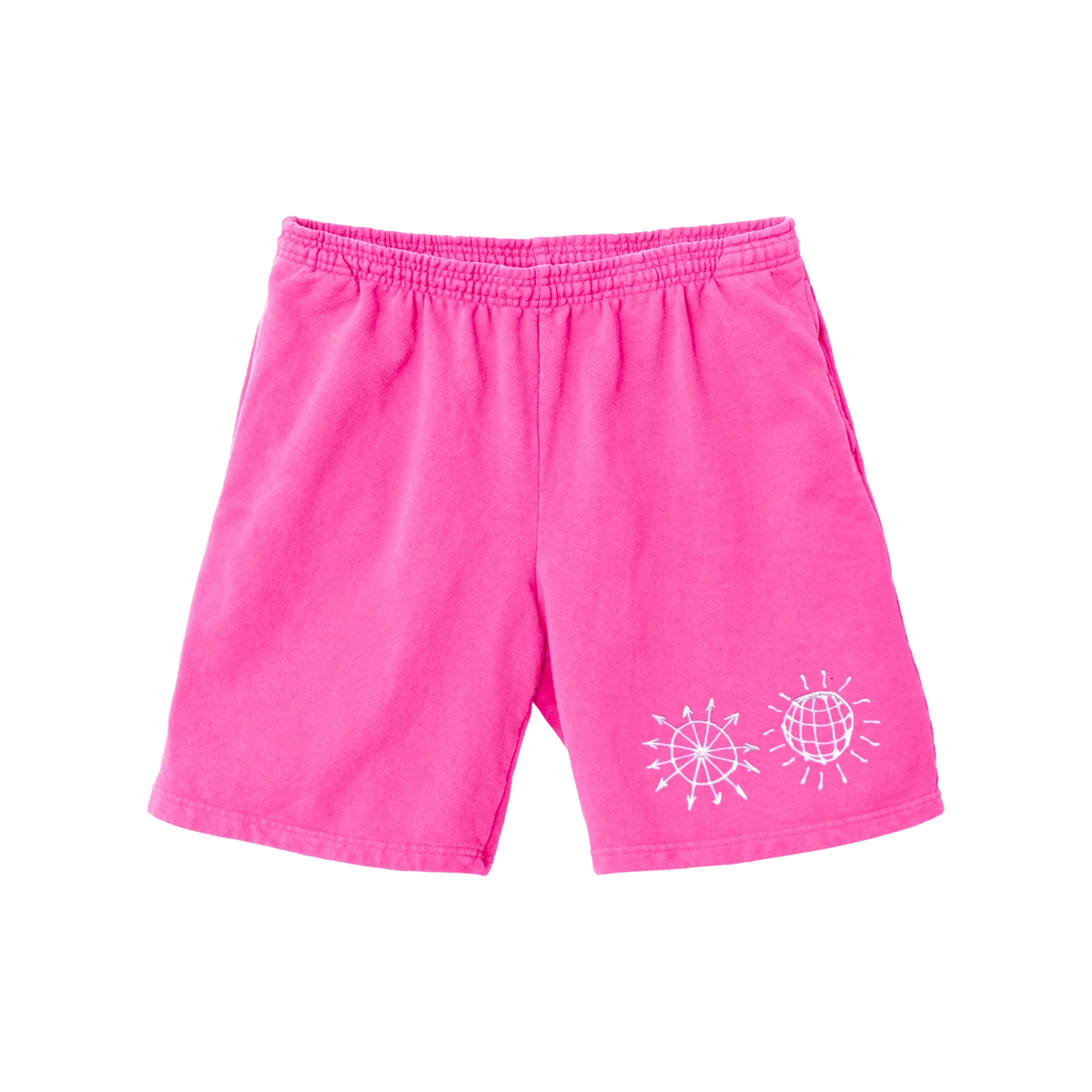 Hot pink All The Time shorts by Harry Styles with elastic waist and white sun embroidery at the hem