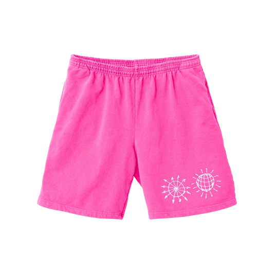 Hot pink All The Time shorts by Harry Styles with elastic waist and white sun embroidery at the hem