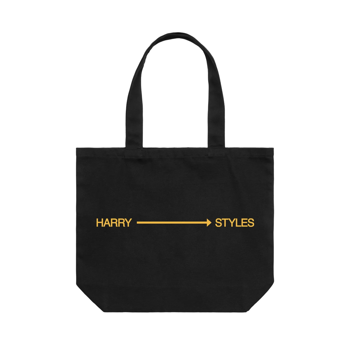 Black extra large canvas tote bag by Harry Styles with a yellow Harry arrow Styles print