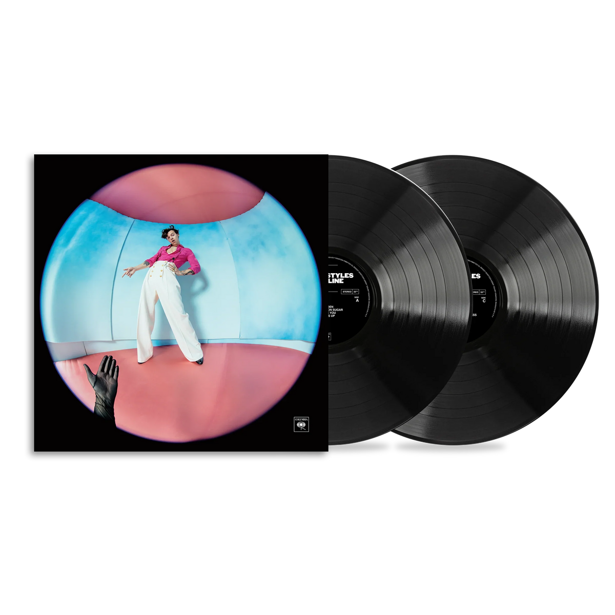 Fine Line double vinyl by Harry Styles showing the pink and blue album cover and two black LPs