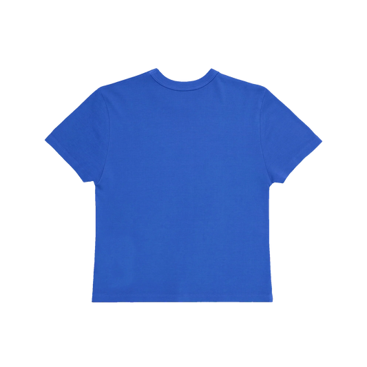 Back view of the plain blue Harry Styles KATTDO cover baby tee with crew neck and short sleeves