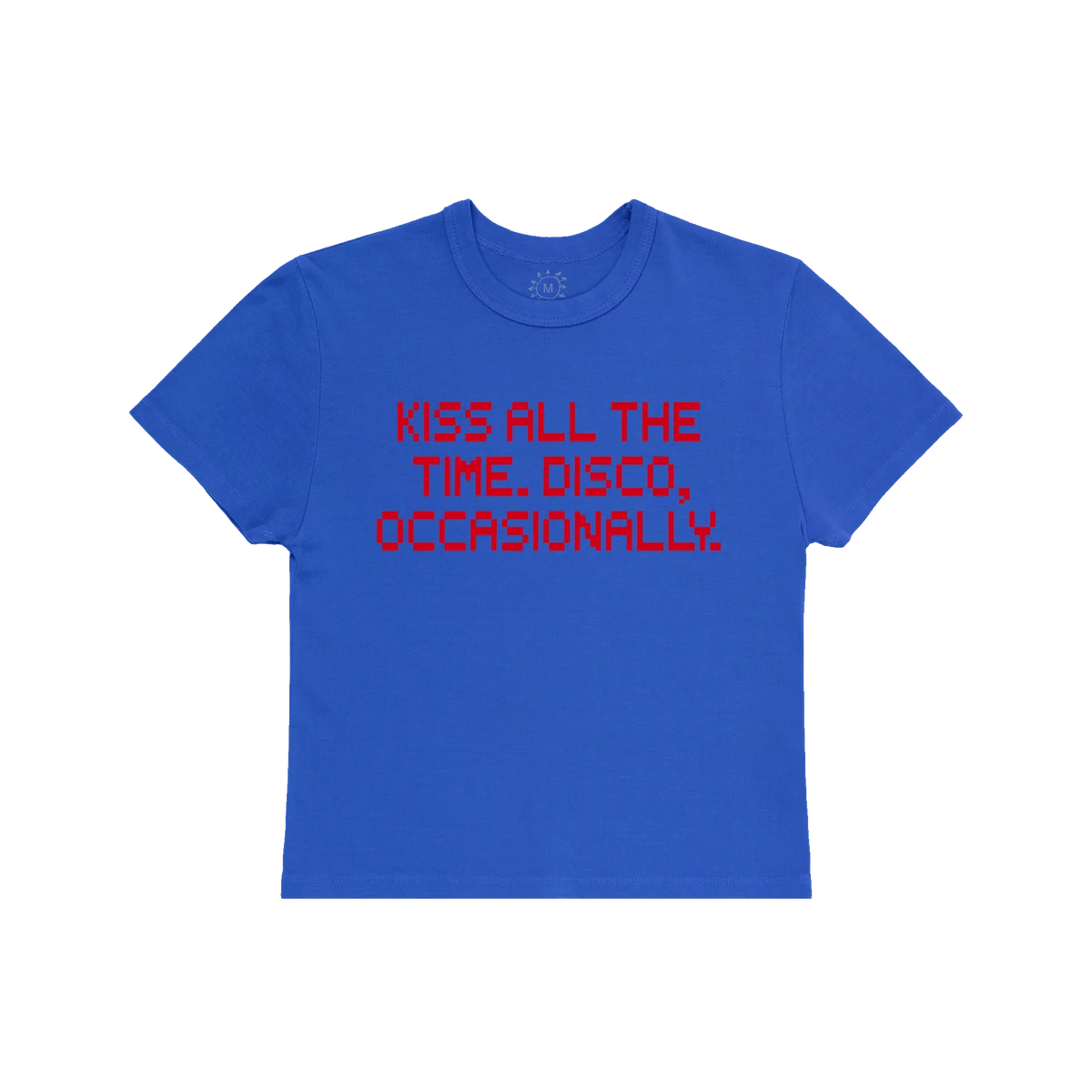 Blue KATTDO baby tee by Harry Styles with red Kiss All The Time Disco Occasionally text on the front