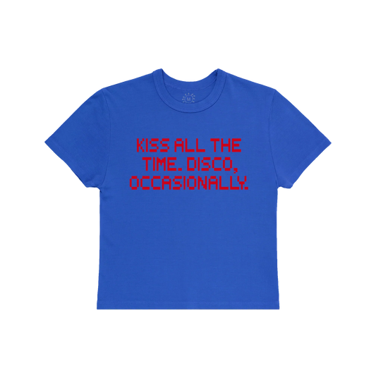 Blue KATTDO baby tee by Harry Styles with red Kiss All The Time Disco Occasionally text on the front