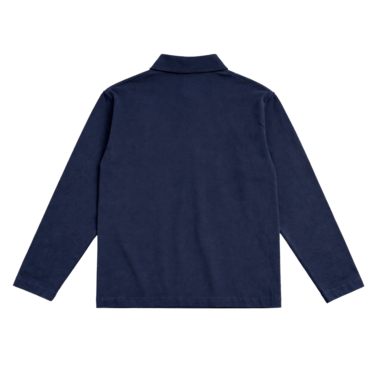 Back view of the plain navy Harry Styles KATTDO embroidered rugby shirt with collar and long sleeves