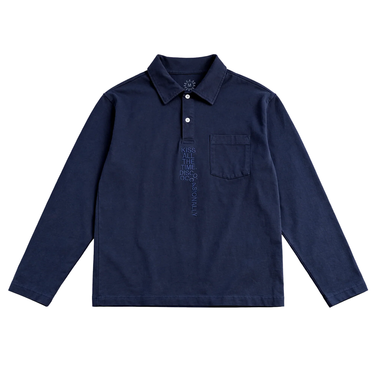 Navy KATTDO embroidered rugby shirt by Harry Styles, front view with chest pocket and long sleeves