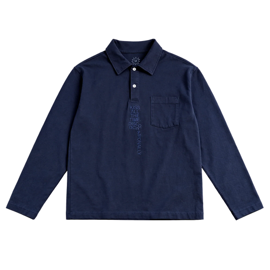 Navy KATTDO embroidered rugby shirt by Harry Styles, front view with chest pocket and long sleeves