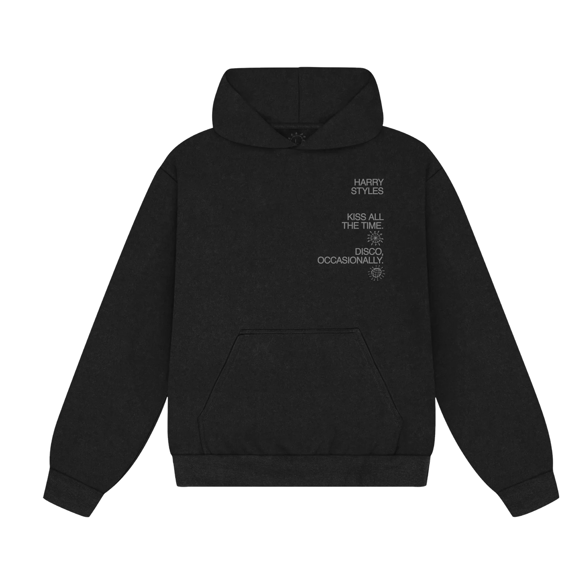 Black Kiss All The Time Disco hoodie by Harry Styles, front view with small white text on the chest