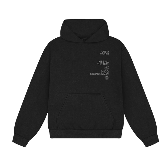 Black Kiss All The Time Disco hoodie by Harry Styles, front view with small white text on the chest