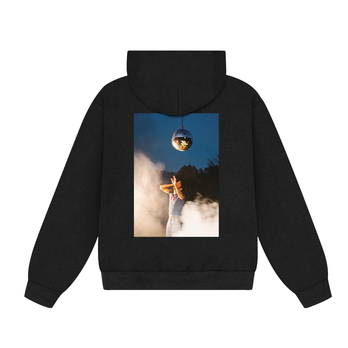 Back of black Harry Styles Kiss All The Time Disco hoodie with a large disco ball photo print