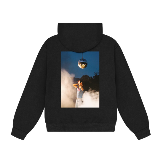 Back of black Harry Styles Kiss All The Time Disco hoodie with a large disco ball photo print