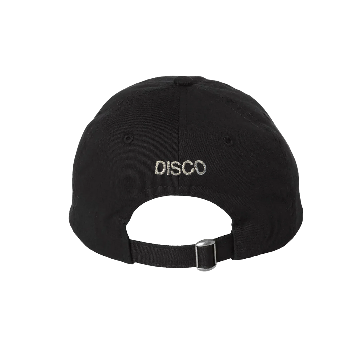 Back of black Harry Styles Kiss Disco cap with DISCO embroidery and adjustable strap closure