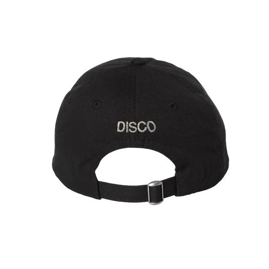Back of black Harry Styles Kiss Disco cap with DISCO embroidery and adjustable strap closure