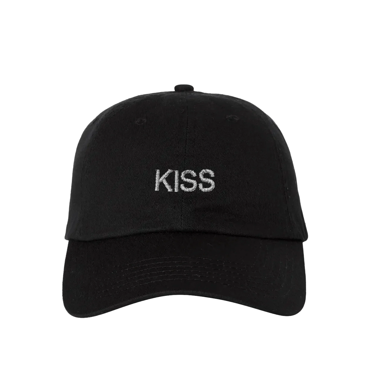 Black Kiss Disco cap by Harry Styles, front view with white KISS embroidery on the curved crown