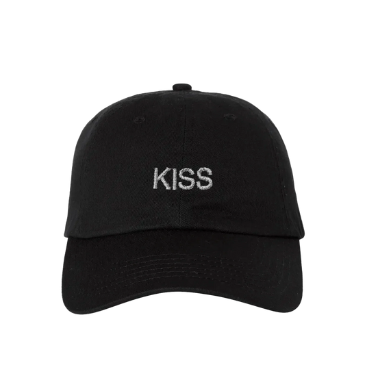 Black Kiss Disco cap by Harry Styles, front view with white KISS embroidery on the curved crown