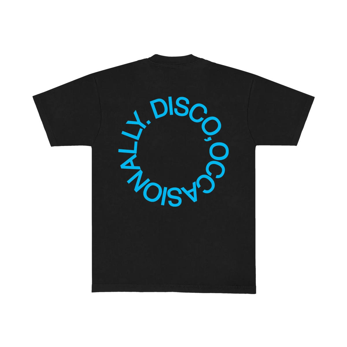 Back of black Harry Styles Kiss Disco T-shirt with blue Disco, Occasionally text set in a circle