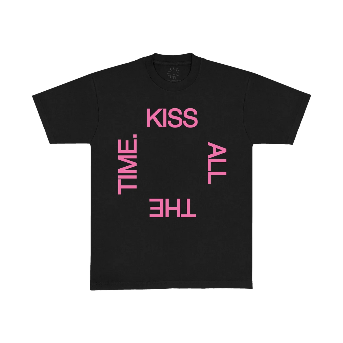 Black Kiss Disco T-shirt by Harry Styles with pink Kiss All The Time text rotating around the chest