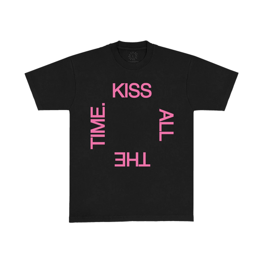 Black Kiss Disco T-shirt by Harry Styles with pink Kiss All The Time text rotating around the chest