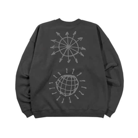Back of charcoal Harry Styles Kiss Disco crewneck with reflective sunburst and globe graphics