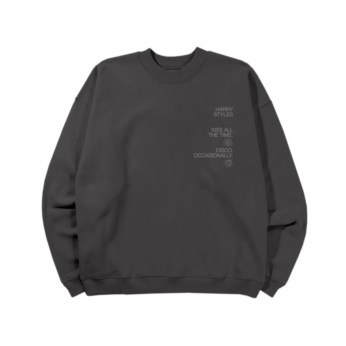 Washed charcoal Kiss Disco reflective crewneck by Harry Styles, front view with small chest print
