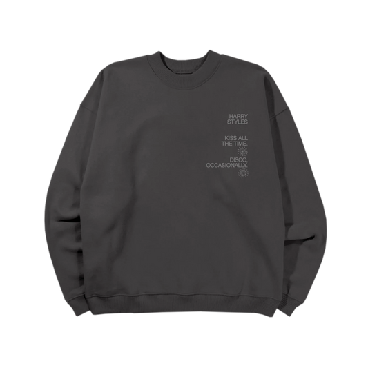 Washed charcoal Kiss Disco reflective crewneck by Harry Styles, front view with small chest print