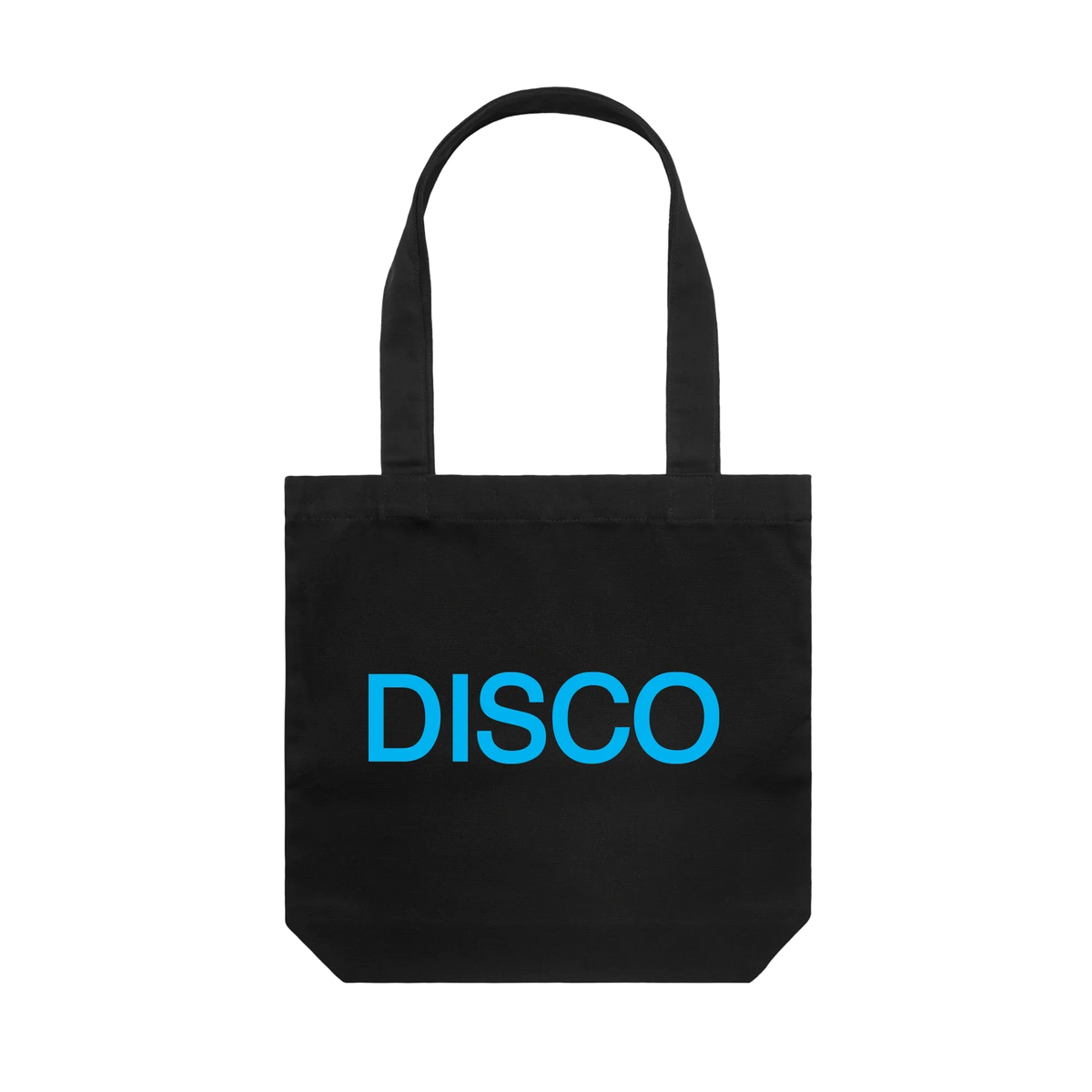 Back of black Harry Styles Kiss Disco canvas tote bag with blue DISCO print across the centre