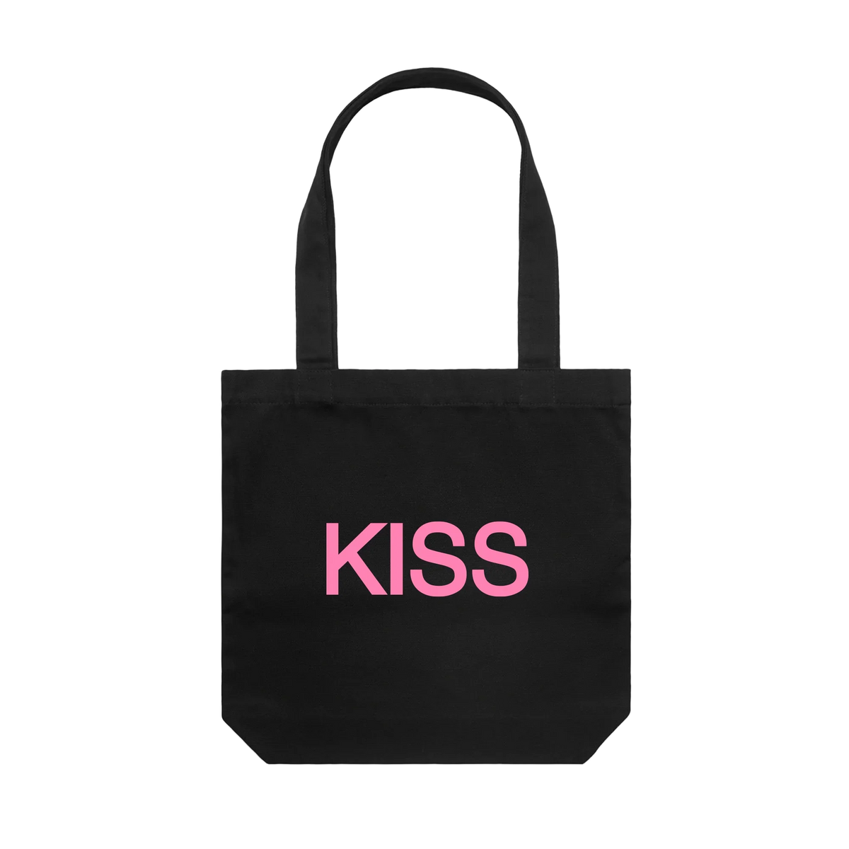 Black Kiss Disco tote bag by Harry Styles with pink KISS print and long canvas shoulder straps