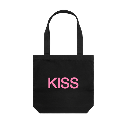 Black Kiss Disco tote bag by Harry Styles with pink KISS print and long canvas shoulder straps