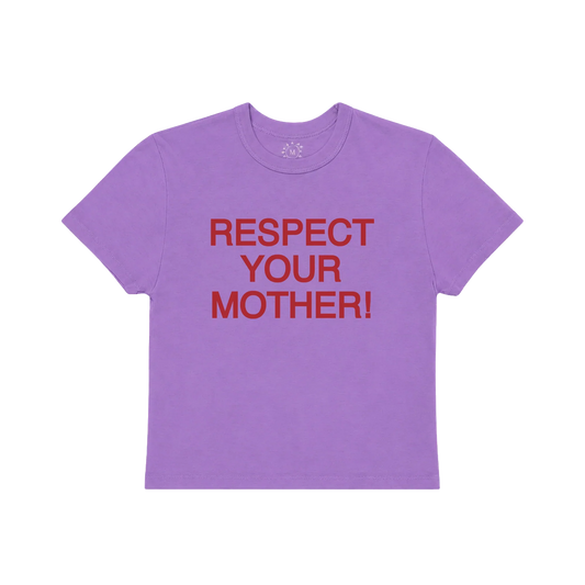 Purple Respect Your Mother baby tee by Harry Styles with red text printed across the chest