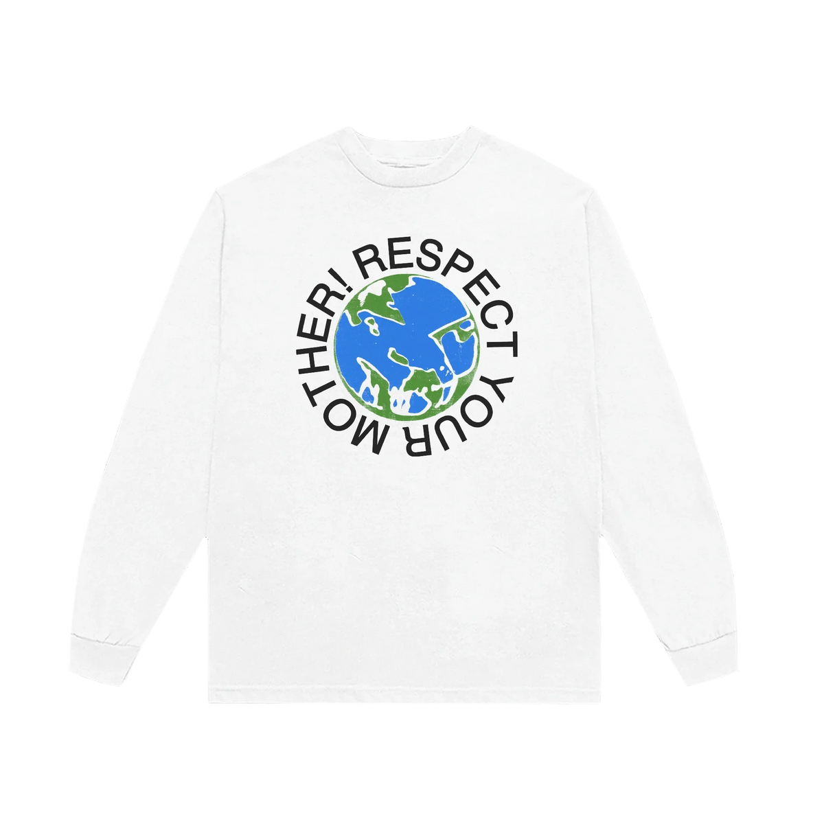 White Respect Your Mother long sleeve T-shirt by Harry Styles with Earth globe and circular text