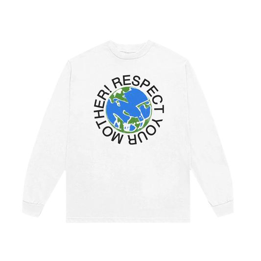 White Respect Your Mother long sleeve T-shirt by Harry Styles with Earth globe and circular text