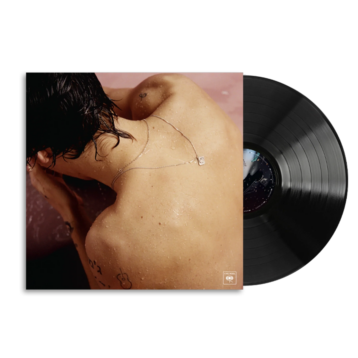 Harry Styles self-titled debut album cover with a black vinyl LP sliding out of the pink sleeve