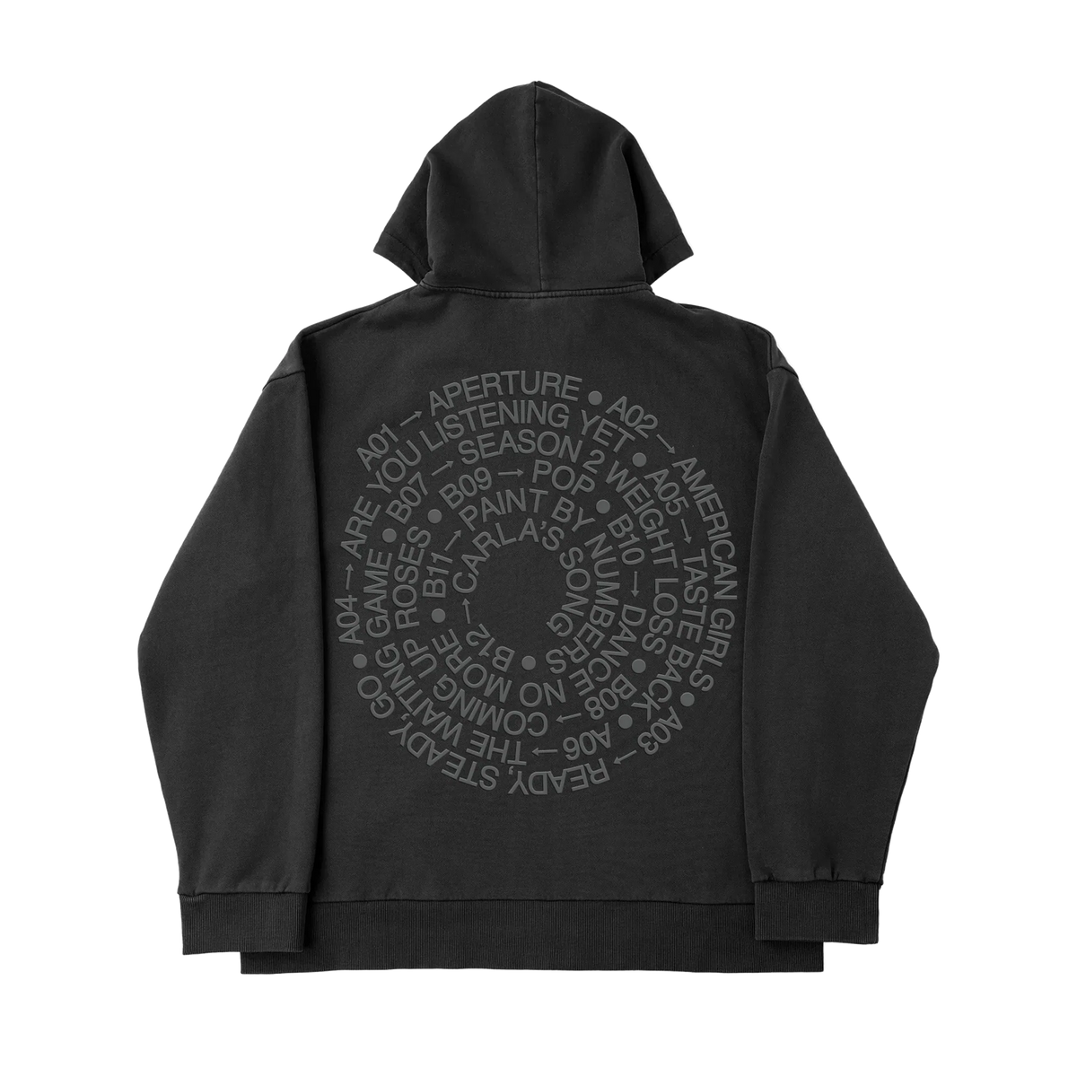 Back of black Harry Styles tracksuit zip-up jacket with reflective spiral tracklist print