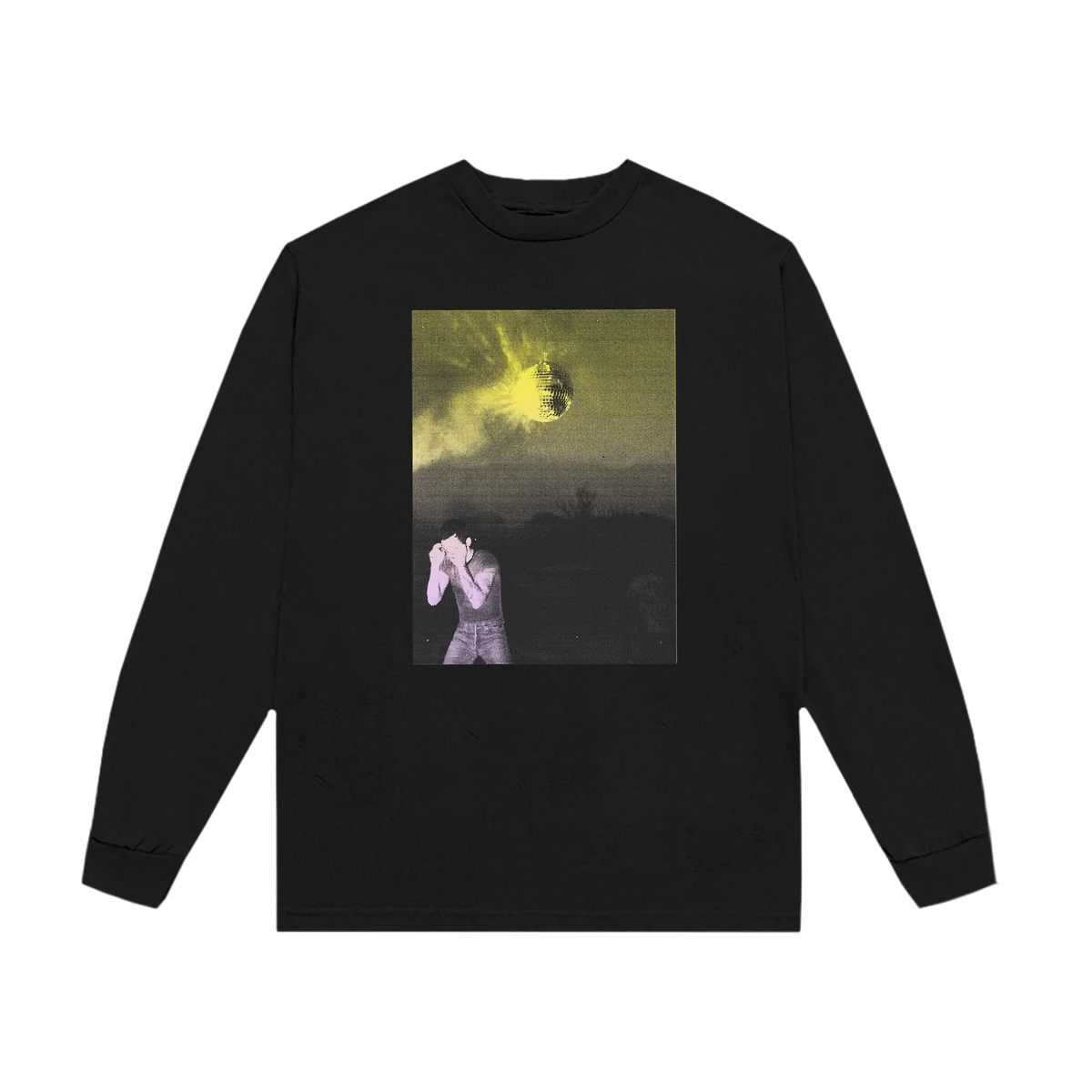 Black Strange Dawn long sleeve T-shirt by Harry Styles with a yellow-green dawn photo print
