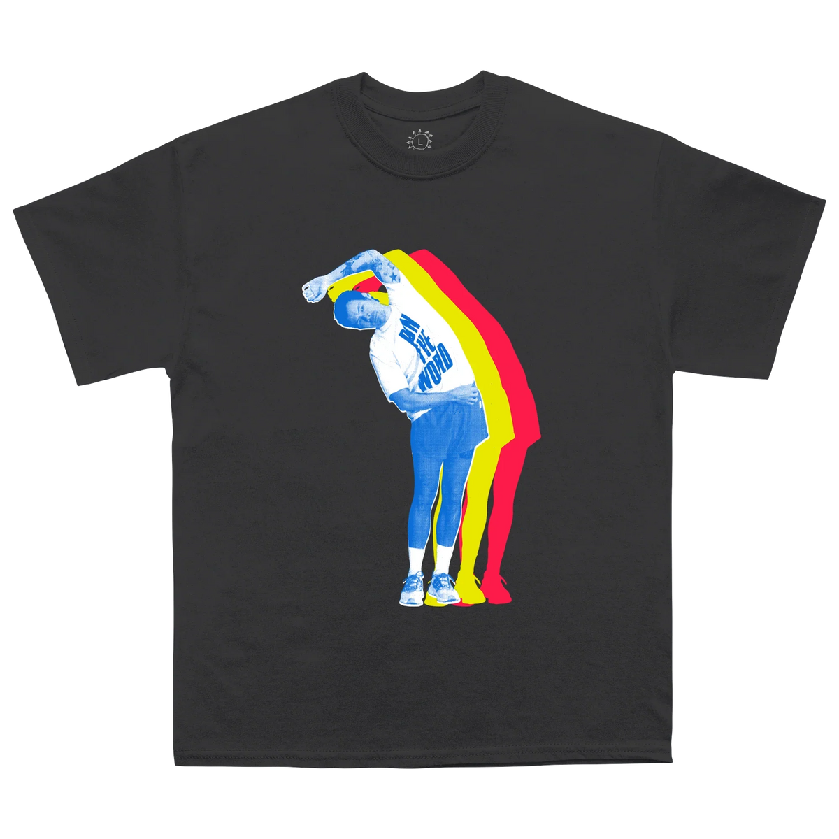 Black Harry Styles stretch T-shirt with rainbow arch graphic of Harry bending in blue trousers
