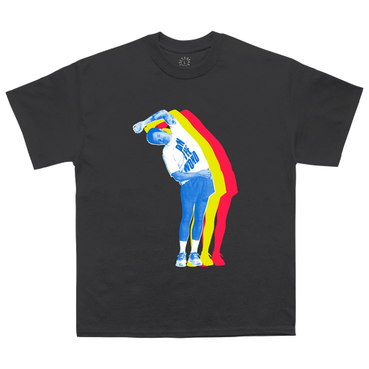 Black Harry Styles stretch T-shirt with rainbow arch graphic of Harry bending in blue trousers