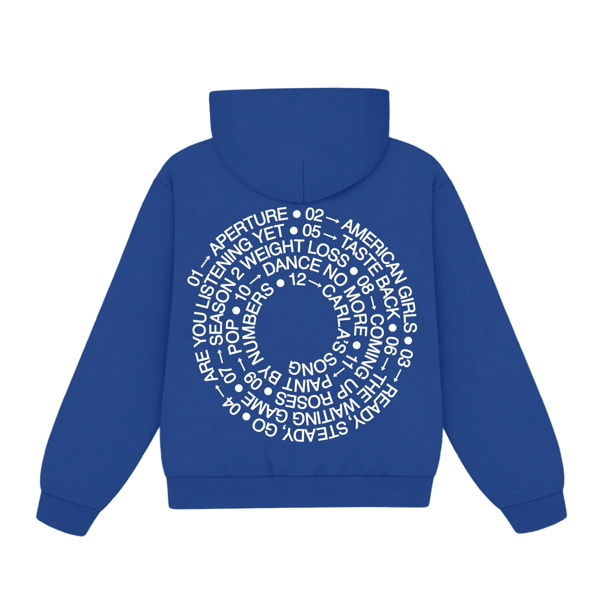Back of blue Harry Styles tracklist hoodie with white spiral tracklist print across the back