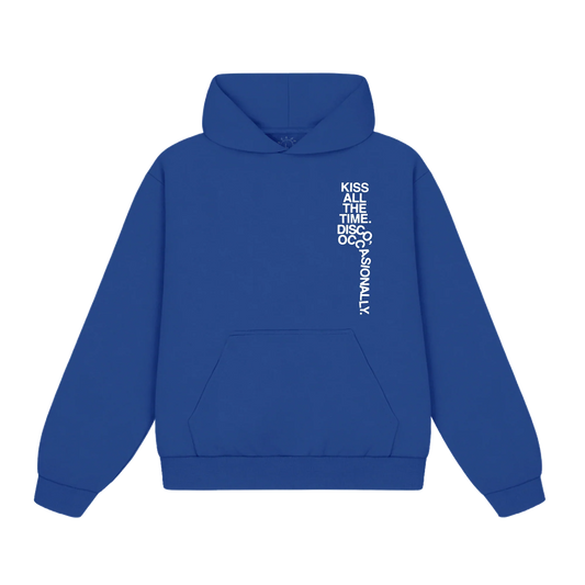 Blue Harry Styles tracklist hoodie, front view with white album song list printed on the right chest
