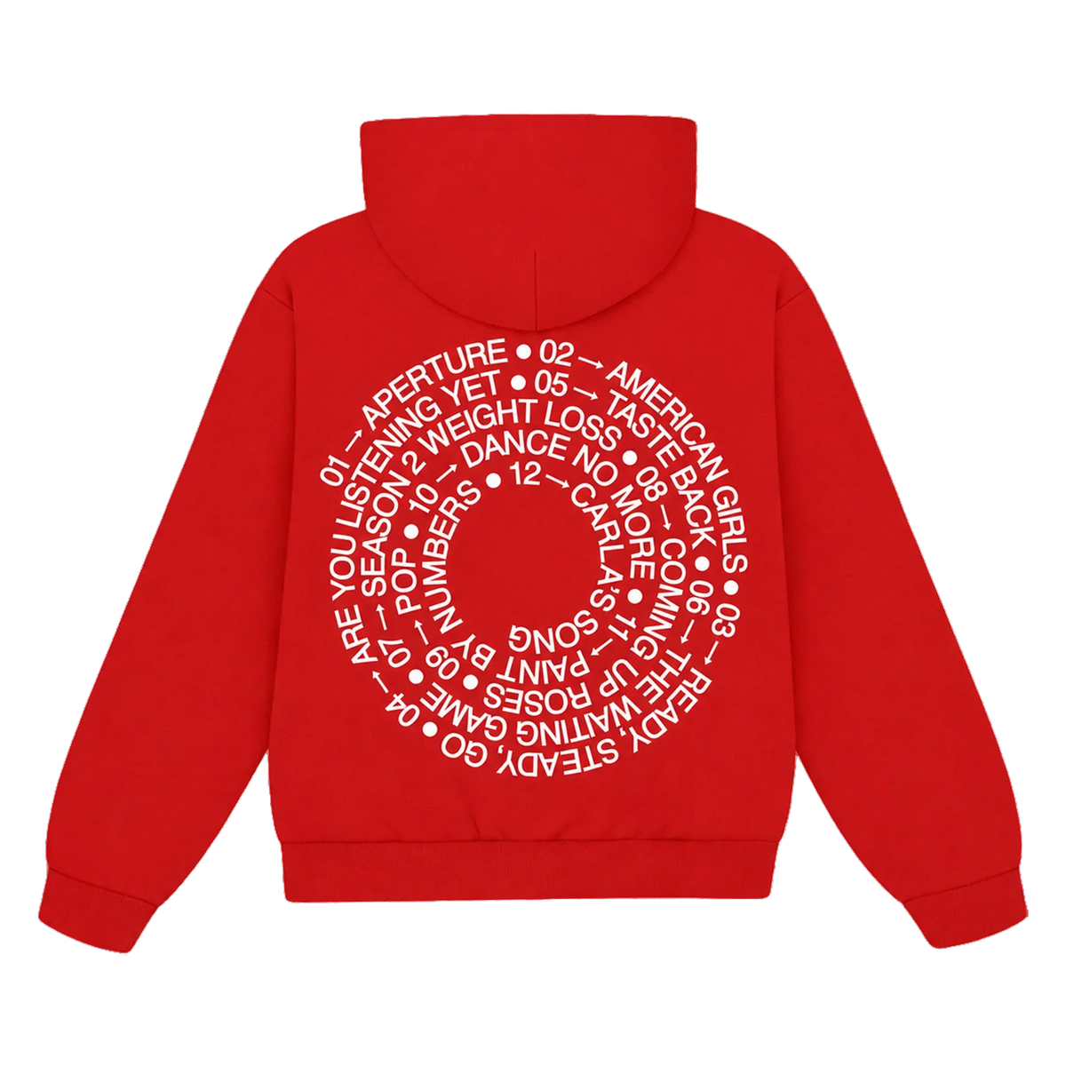 Back of red Harry Styles tracklist hoodie with white spiral tracklist print circling the centre