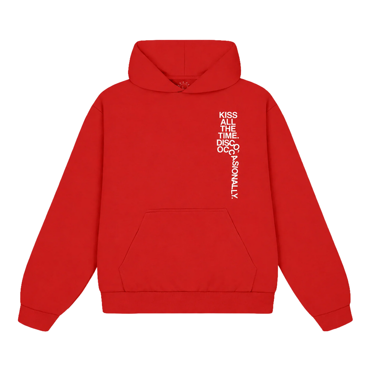 Red Harry Styles tracklist hoodie, front view with small white song list printed on the right chest