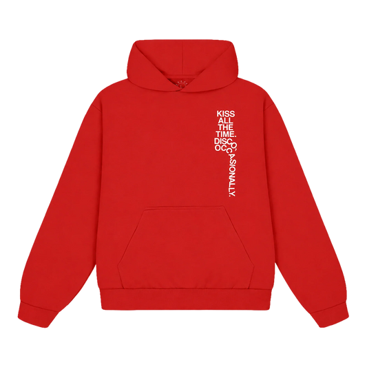 Red Harry Styles tracklist hoodie, front view with small white song list printed on the right chest