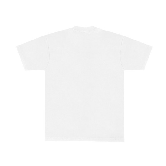 Back view of the plain white Who Me graphic T-shirt by Harry Styles with crew neck and short sleeves
